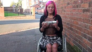 Redhead wheelchair bound babe Leah Caprice flashing and masturbating in public