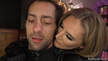 Blonde dom in sexy lingerie Mona Wales puts male slave in strait jacket and then makes him lick her before fucks his ass