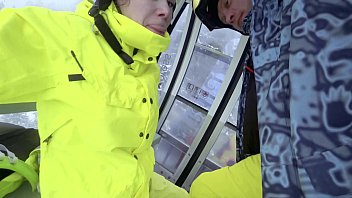 Outdoor public blowjob in ski lift 4K. Two videos with amateur couple