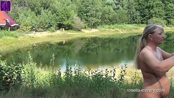 Sperm and piss bitch gets public on a bathing lake, the mouth stuffed! Dirty used by 40 men as cum and piss toilet! Part 3