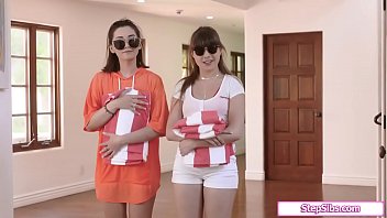 Nerd guy fucked by his two cute naughty stepsisters