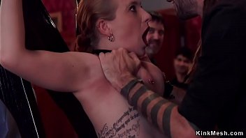Natural busty brunette slave gets tormented by master in bdsm orgy brunch party