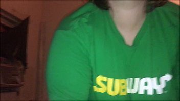 Cute Innocent subway worker gets used by her customer to show her huge tits and suck his hard dick letting him finish in her mouth then eat his cum making her gag