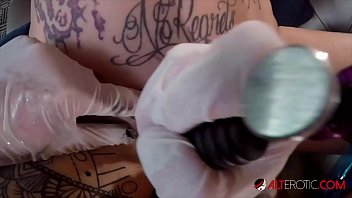 Crazy petite brunette takes a big cock up her ass while having her pussy tattooed