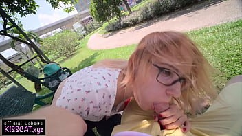 Flashing Tits and Wet Pussy in Park before Blowjob with Cum in Mouth