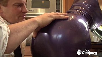 Cougar Nicki Hunter in purple latex stabbed by meat stick