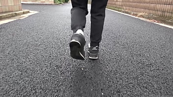 Walk on the road wearing fluffy sneakers