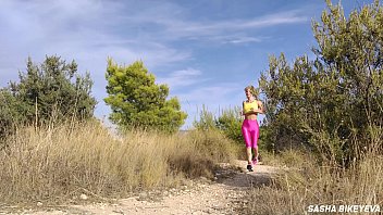 Cute sports girl in pink spandex leggings goes in for sports, gets turned on and fingering pussy to squirting orgasm in leggings. Outdoor masturbation