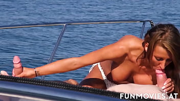 Tanned European hottie Gina getting fucked and facialized by two guys on a boat