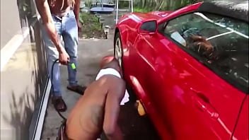 Gay Hotrod takes Big Black Dick up his Massive Fake Ass while washing Car