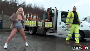Shameless UK BBW blonde girl with no panties flashing her boobs and pissing in public