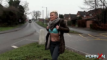Naughty European blonde milf with big tits Bree Branning flashing her assets and pissing in the public