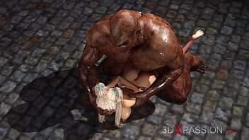 A sexy blonde gets fucked rough by a big monster in the dungeon