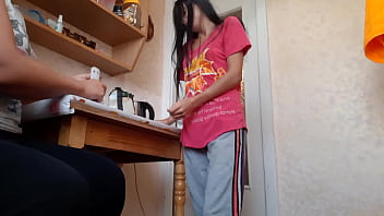 Fucked sister's friend in the kitchen while sister was in another room