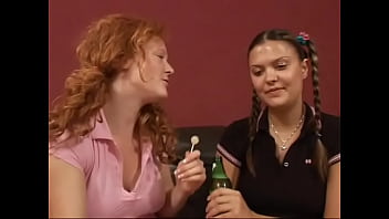 Redhead and brunette teen whores have hardcore threesome fuck with a stud