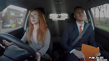 Redheaded spex babe rides car tutor before missionary sex