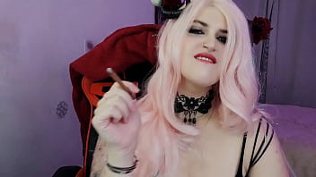 Hot goth anime girl smoking and playing with her big boobs