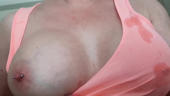 Busty MILF wetting T-shirt by Spit on her Big Boobs