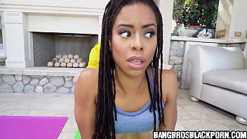Black babe sucks her yoga trainer's big cock