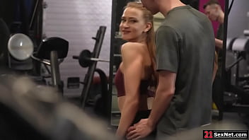 Blonde russian babe flirts with her guy in the gym.The guy grabs her small tits then fingers her ass.She deepthroats him gets doggystyle anal fucked.