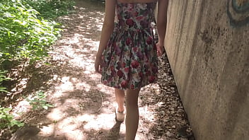 Sweet Babe in Cute Dress Sucking Dick Outdoor - Cum on Tits