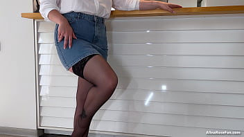 Pretty Woman with Big Tits in Denim Mini Skirt and Stockings Jerks Off