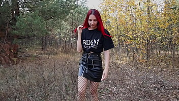 A walk in the autumn forest turned into a red-haired beauty fucking with a fist for her pussy and swallowing cum