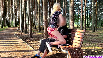 Hot teen keeps rough riding stranger's dick despite they got caught in public park outdoors