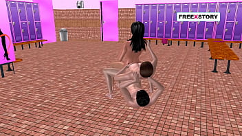 An animated 3D cartoon porn video of a cute girl doing threesome sex with two men in two different positions.